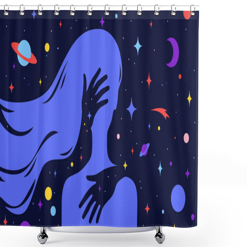 Personality  Modern Flat Character. Hands Hug Silhouette Of Woman With Dream Universe, Cosmos, Stars Background. Simple Character Of Young Girl, Energy Spirit Connection Universe Starry Night. Vector Illustration Shower Curtains