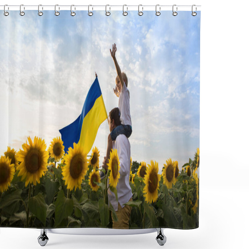 Personality  Dad With Son, Who Sits On His Shoulders, With Large Flag Of Ukraine Among A Blooming Field With Sunflowers. Patriotic Education. Pride, Faith In Victory. Independence Day. Ukrainians Against War Shower Curtains