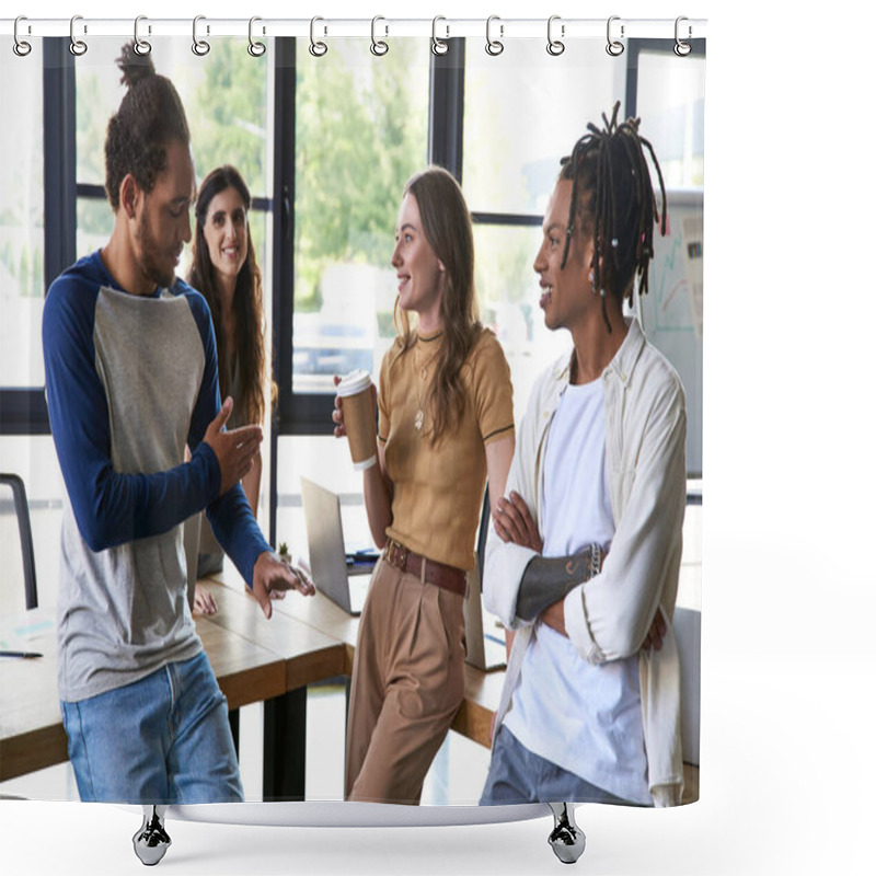 Personality  African American Man Talking To Woman With Paper Cup During Meeting With Creative Multiethnic Team Shower Curtains