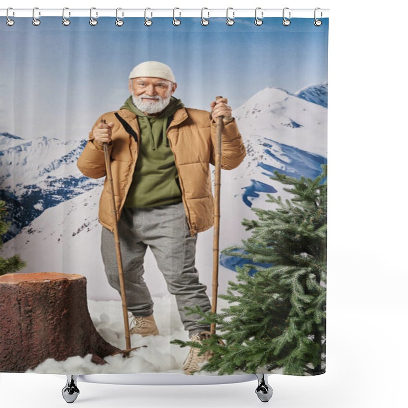 Personality  Sporty Santa In Warm Jacket And White Hat Standing On Skis Near Tree Stump, Winter Concept Shower Curtains