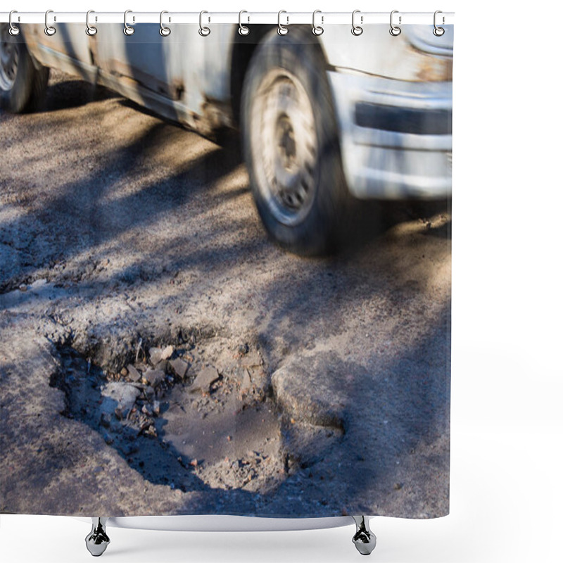 Personality  The Car Passes Near The Pit On An Asphalt Road. Shower Curtains