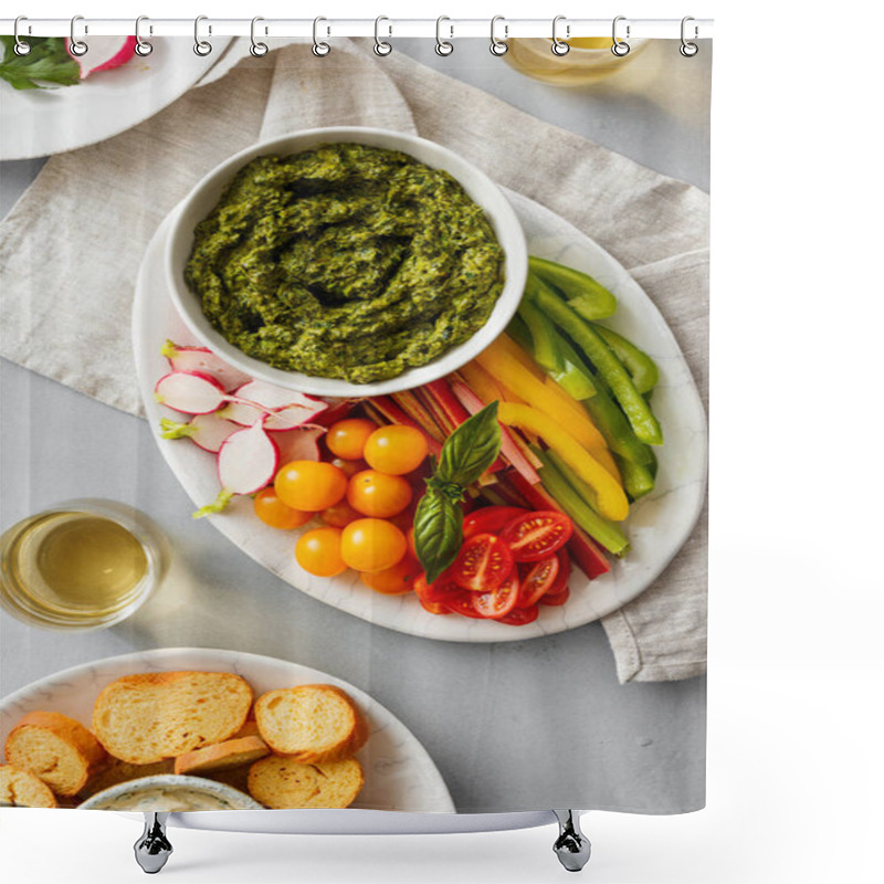 Personality  Vegetable Snacks With Pesto Sauce Served On Plate Top View. Pepper, Celery, Rhubarb, Cherry Tomatoes, Radish With Pesto Shower Curtains