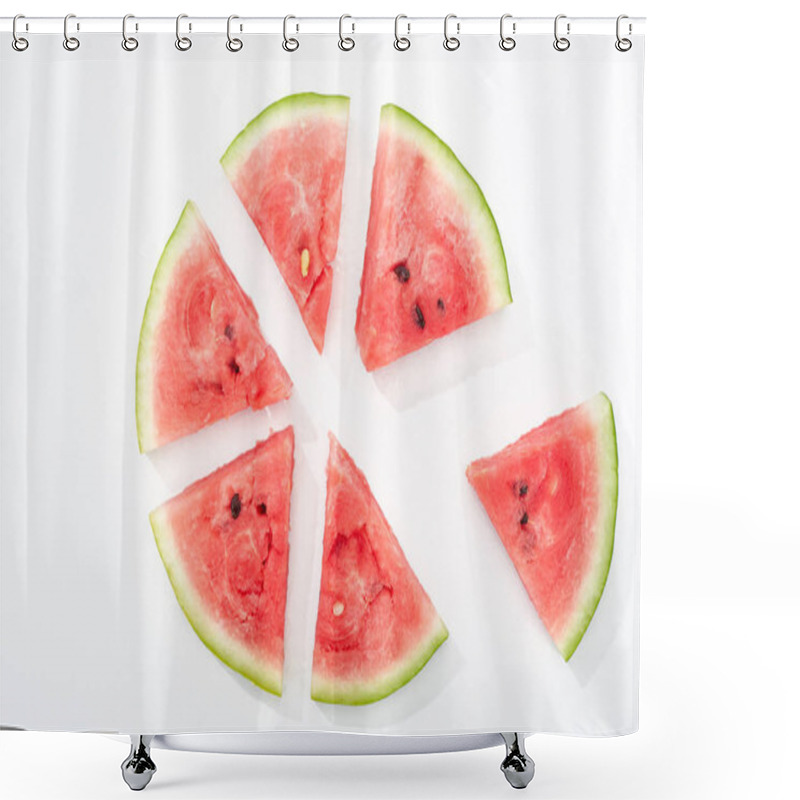 Personality  Top View Of Delicious Juicy Watermelon Slices In Circle On White Background Shower Curtains