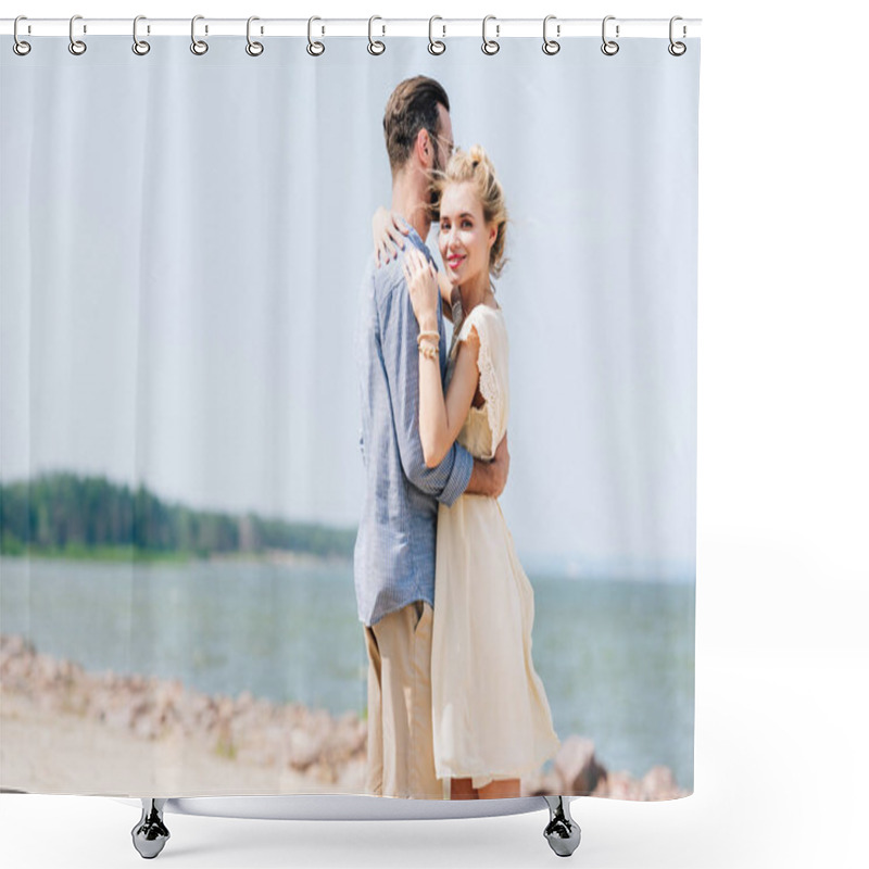 Personality  Smiling Blonde Woman Hugging Bearded Boyfriend At Beach Shower Curtains