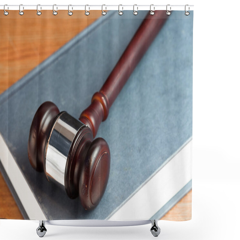 Personality  Gavel On A Blue Book On Desk Shower Curtains