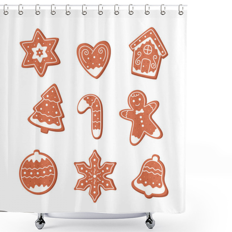 Personality  Christmas Cookies With Icing. New Year Decorated Cookie. Merry Christmas And Happy Holidays. Winter Homemade Sweets. Vector Illustration Shower Curtains