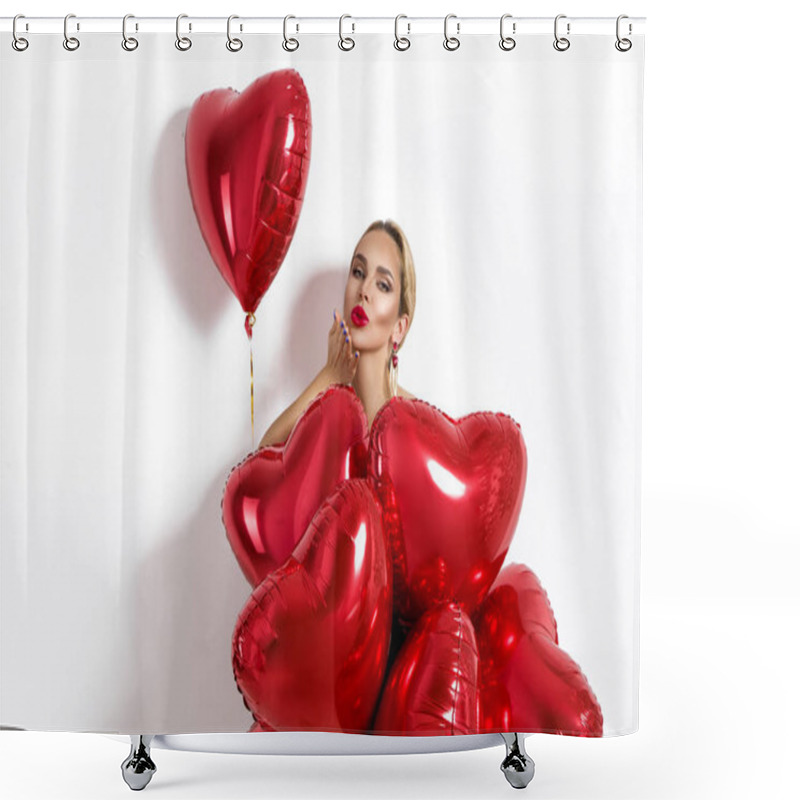 Personality  Valentine Beauty Girl With Red Balloon Holding Hands, Isolated On Background. Beautiful Happy Young Woman Sends A Kiss. Holiday Party, Birthday. Joyful Model - Image Shower Curtains