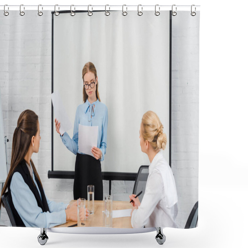 Personality  Beautiful Young Businesswomen Having Conversation With Boss At Modern Office Shower Curtains