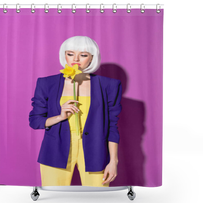 Personality  Pensive Girl In White Wig Sniffing Flower On Purple Background Shower Curtains