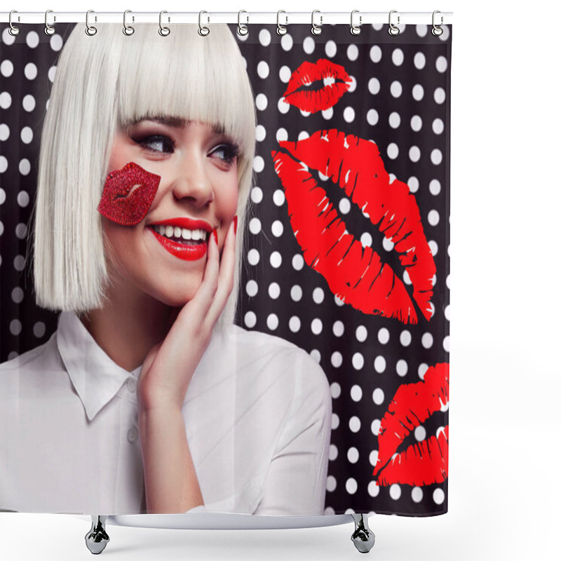 Personality  Beautiful Girl In A White Wig On A Black And White Background In Polka Dots. Shower Curtains