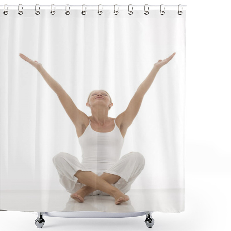 Personality  A Young Caucasian Woman Dressed In White Sitting Cross-legged Doing Yoga Shower Curtains