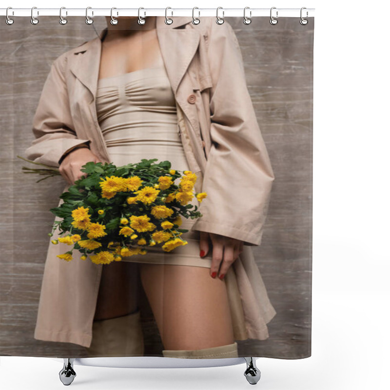 Personality  Cropped View Of Stylish Woman In Beige Dress And Trench Coat Holding Yellow Flowers On Abstract Brown Background  Shower Curtains