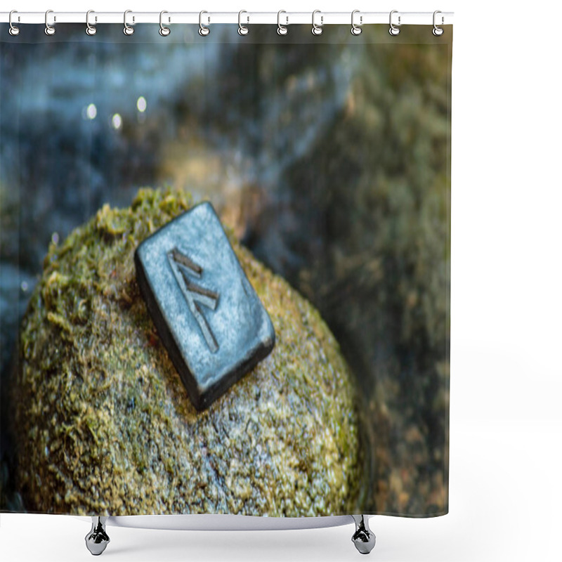 Personality  Norse Rune Ansuz On The Stone And The Evening River Background. The Voice Of God. Freedom. Verbal And Sound Signs. Rune Ansuz Is Associated With The Supreme Scandinavian God Odin. Shower Curtains