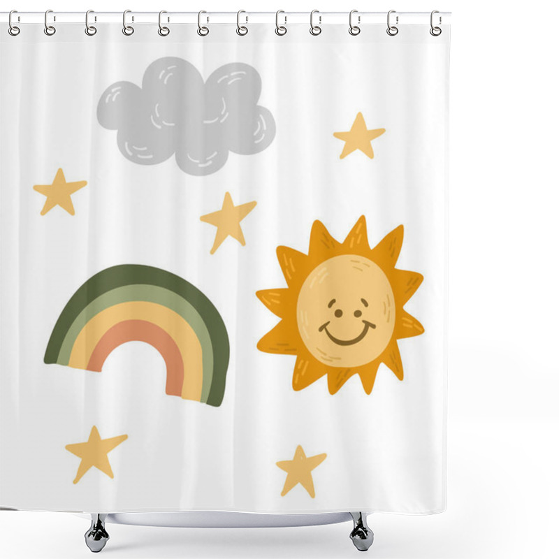 Personality  Cute Hand Dawn Illustration Of Smiling Sun, Rainbow, Cloud, And Stars In Earthy Tones. Perfect For Nursery Decor, Children Designs. Vector Childish Flat Drawings Isolated On White Background Shower Curtains