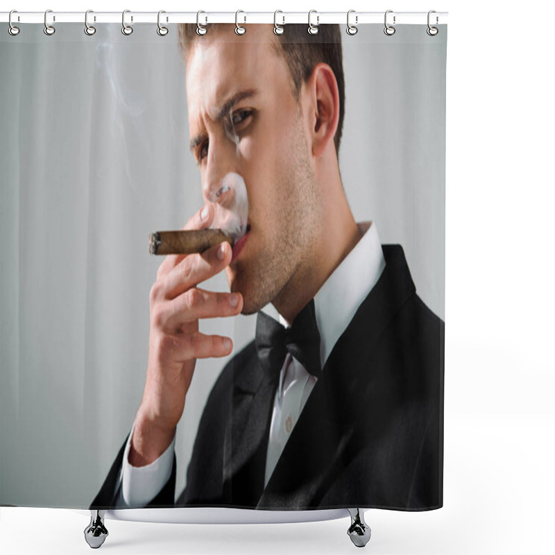 Personality  Handsome And Rich Man Smoking Cigar Isolated On Grey  Shower Curtains