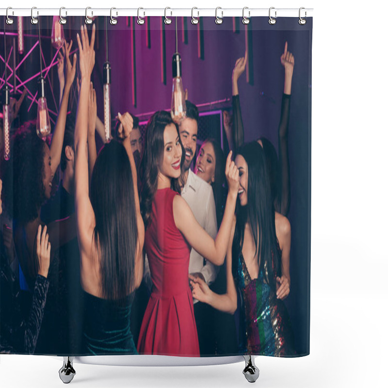 Personality  Photo Of Girl Wearing Red Dress Lipstick Spending Time Together In Night Club With Neon Lights Friends Company Celebrating Prom Dancing Smiling Shower Curtains