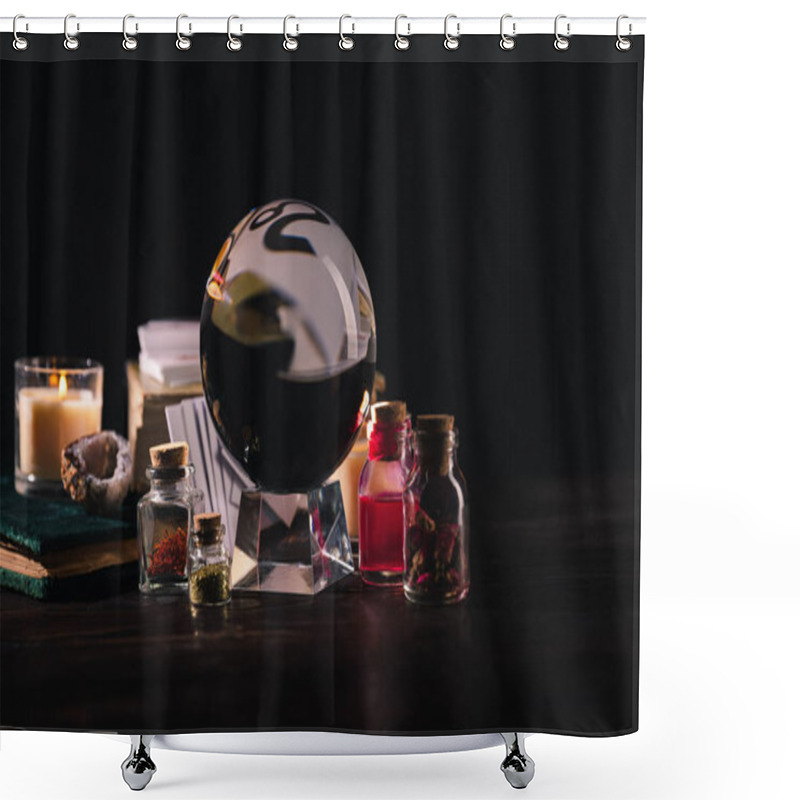 Personality  Selective Focus Of Occult And Mystical Objects On Wooden And Black Background Shower Curtains