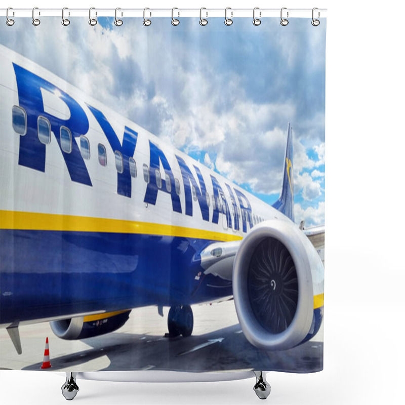 Personality  Wroclaw, Poland, June 18, 2024: Ryanair Aircraft Parked On The Tarmac With Visible Jet Engine And Branding, Set Against A Partially Cloudy Blue Sky. Highlights The Scale And Modern Design Of Commercial Airplanes, Suitable For Themes Of Travel, Aviati Shower Curtains