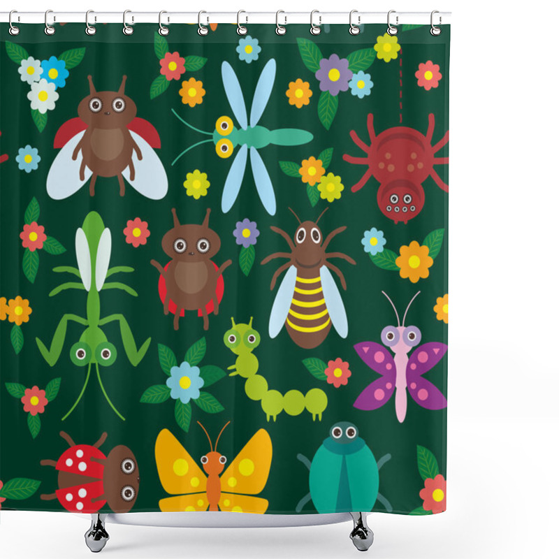 Personality  Funny Insects Spider Butterfly Caterpillar Dragonfly Mantis Beetle Wasp Ladybugs Seamless Pattern On Green Background With Flowers And Leaves. Vector Shower Curtains