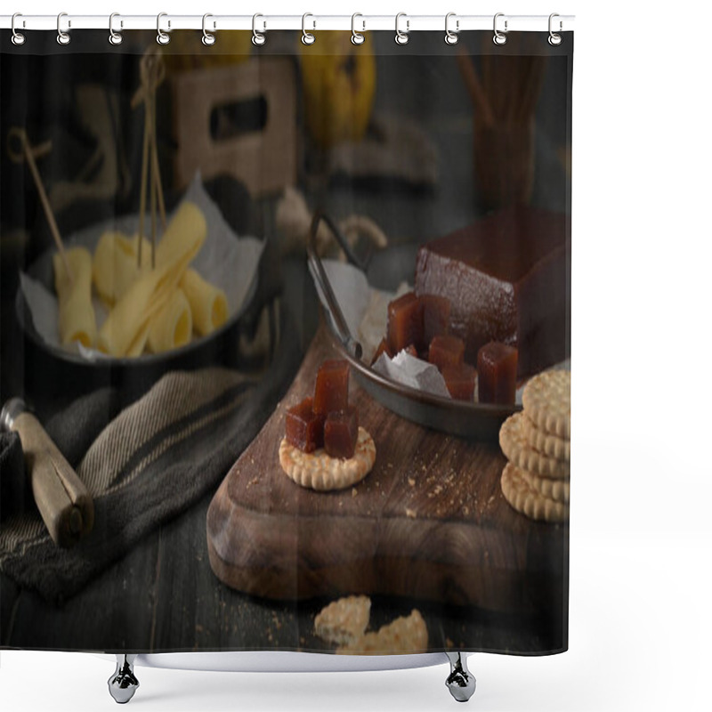 Personality  Rustic Wooden Board With Quince Paste Cubes On Crackers, Alongside A Plate Of Cheese Slices, Creating A Cozy And Appetizing Snack Setup Shower Curtains