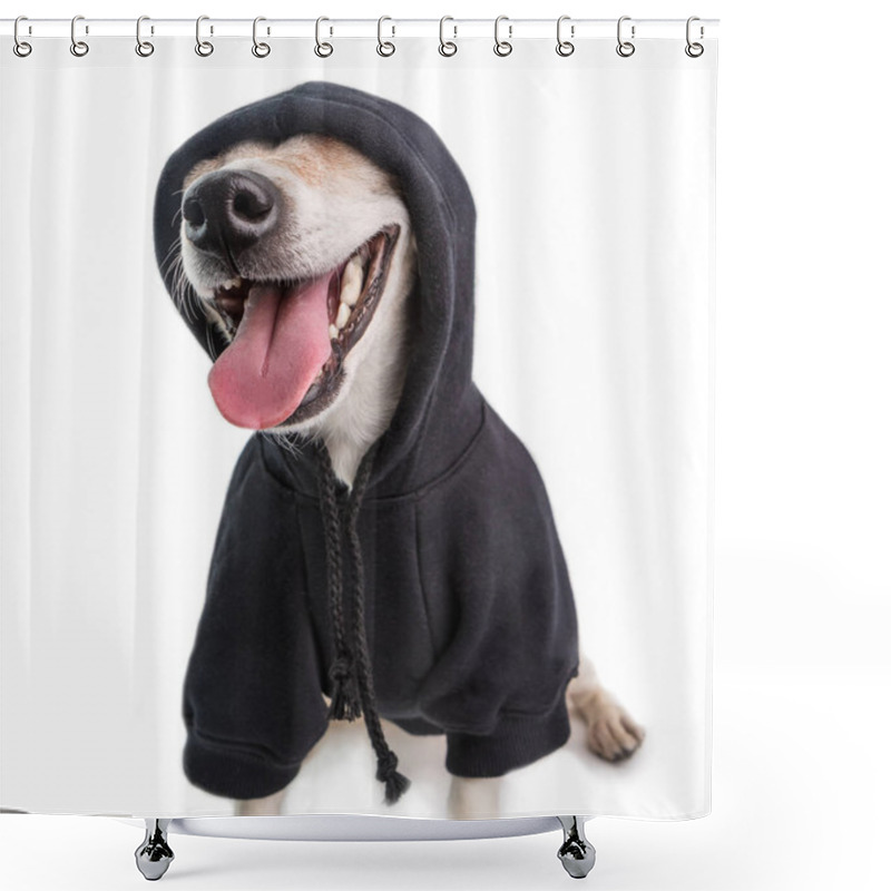 Personality  Smiling Funny Gangster Dog In Black Hoodie Jumper. White Background Shower Curtains