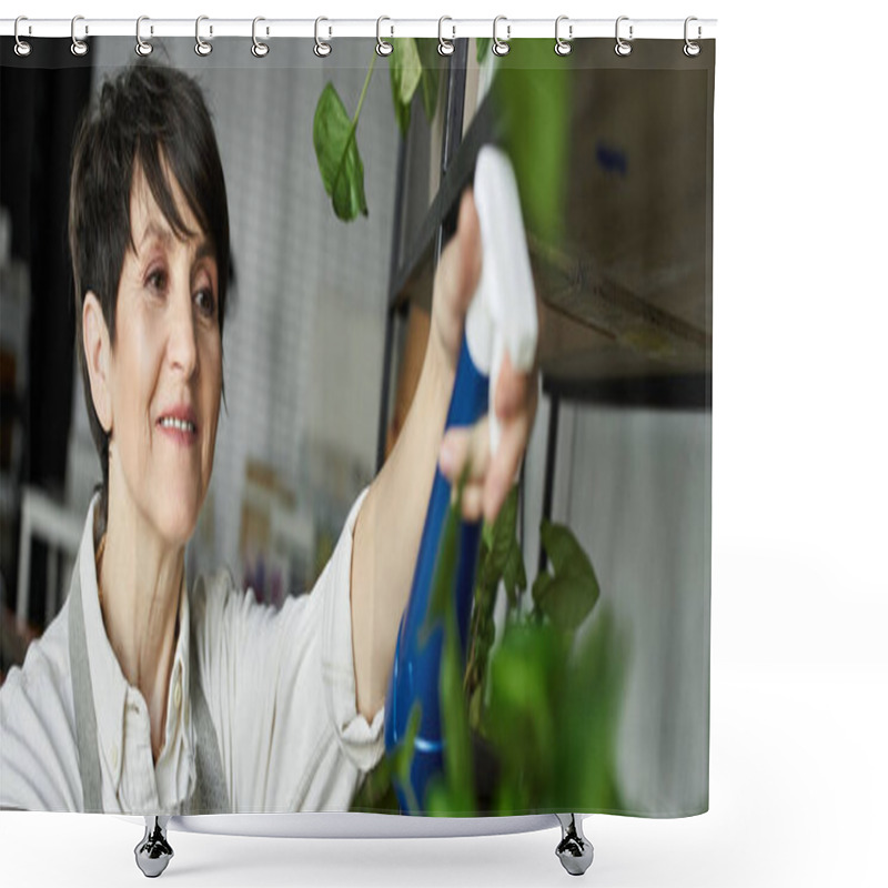 Personality  A Gardener Lovingly Cares For Her Plants In A Bright And Inviting Studio. Shower Curtains