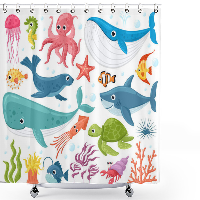 Personality  Cartoon Sea Animals. Cute Ocean Fish, Octopus, Shark And Turtle, Jellyfish, Crab And Seal. Underwater Wildlife Creatures Vector Illustration Set Shower Curtains