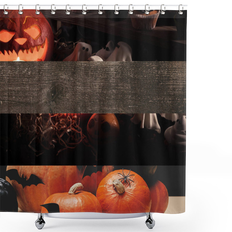 Personality  Collage Of Traditional Halloween Pumpkins, Bats And Ghosts Shower Curtains