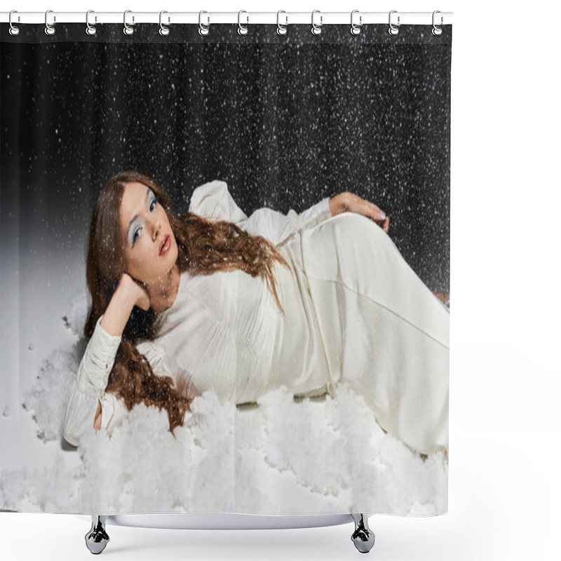 Personality  A Young Woman Lies Gracefully In Snow Like Fluff, Exuding Elegance In A Tranquil Winter Ambiance. Shower Curtains