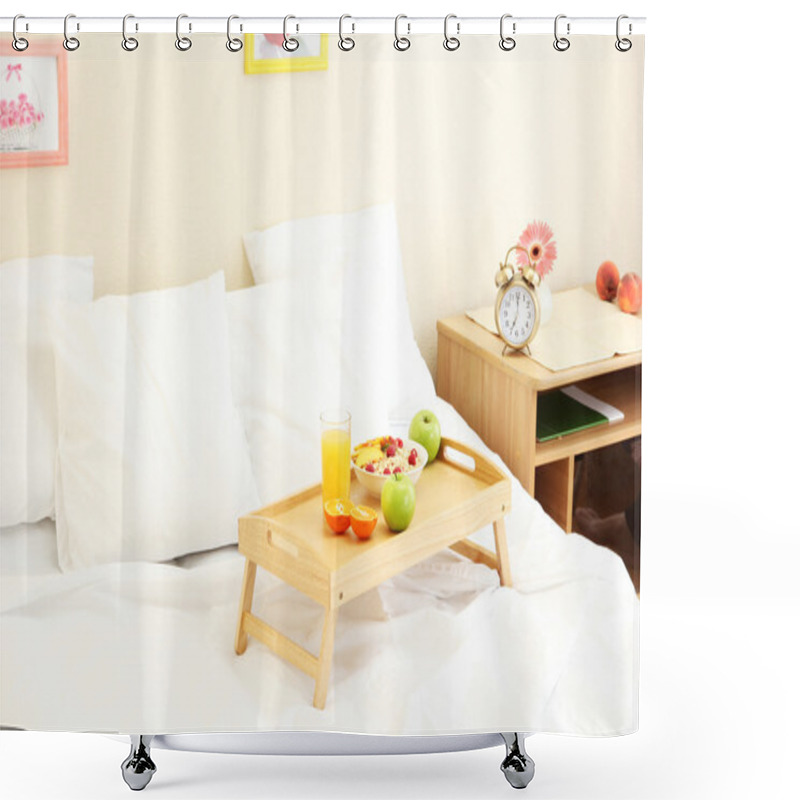 Personality  Wooden Tray With Light Breakfast On Bed Shower Curtains