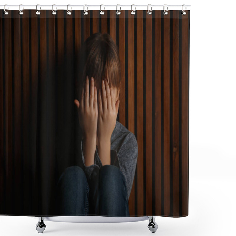 Personality  Little Girl Closing Her Eyes On Wooden Background. Child In Dang Shower Curtains