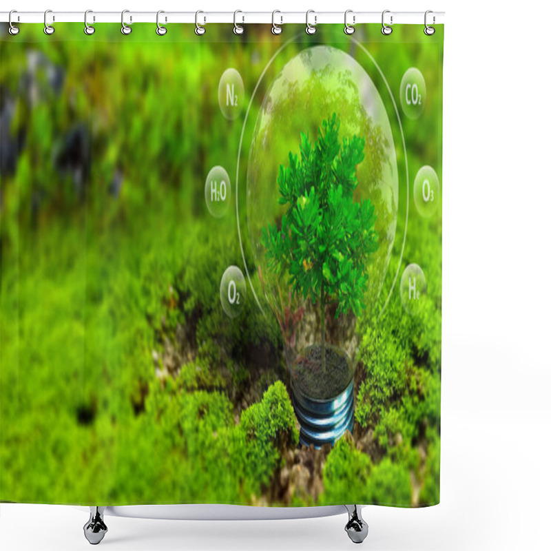 Personality  Green Eco Energy Concept With Light Bulb On Green Moss Background. 3d Rendering Shower Curtains