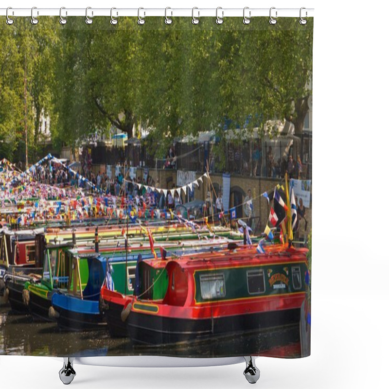 Personality  Narrow Boats In Traditional Colours In London's Little Venice, Wait For The Start Of The Annual Canalway Cavalcade. Shower Curtains