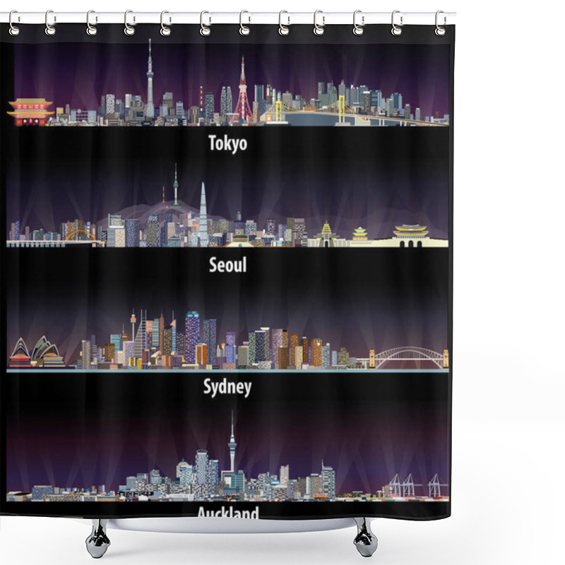 Personality  Abstract Vector Illustrations Of Tokyo, Seoul, Sydney And Auckland Skylines At Night Shower Curtains