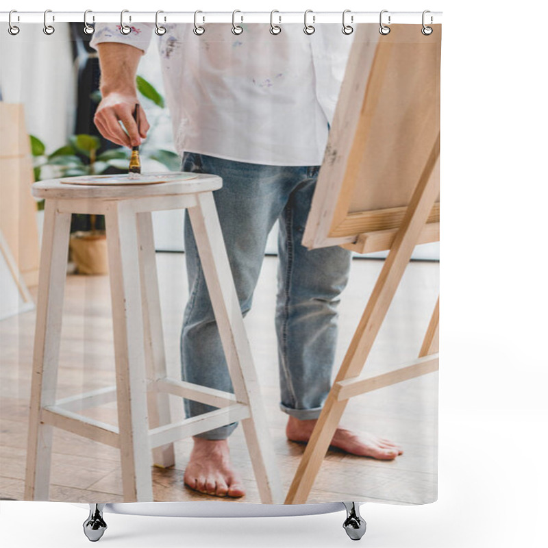 Personality  Partial View Of Artist Mixing Paints On Palette While Standing Barefoot Shower Curtains