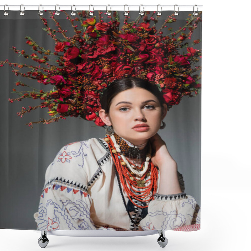 Personality  Portrait Of Pretty Ukrainian Woman In Traditional Clothing And Floral Red Wreath With Berries Isolated On Grey Shower Curtains