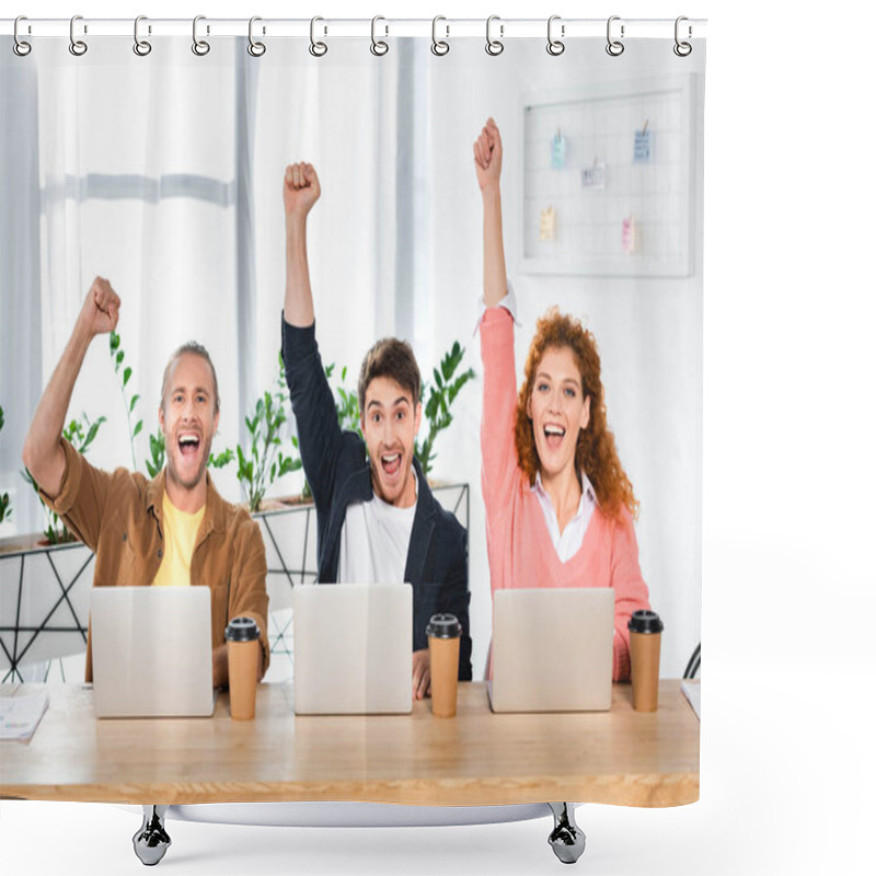 Personality  Three Happy Friends Sitting At Table And Showing Yes Gestures  Shower Curtains