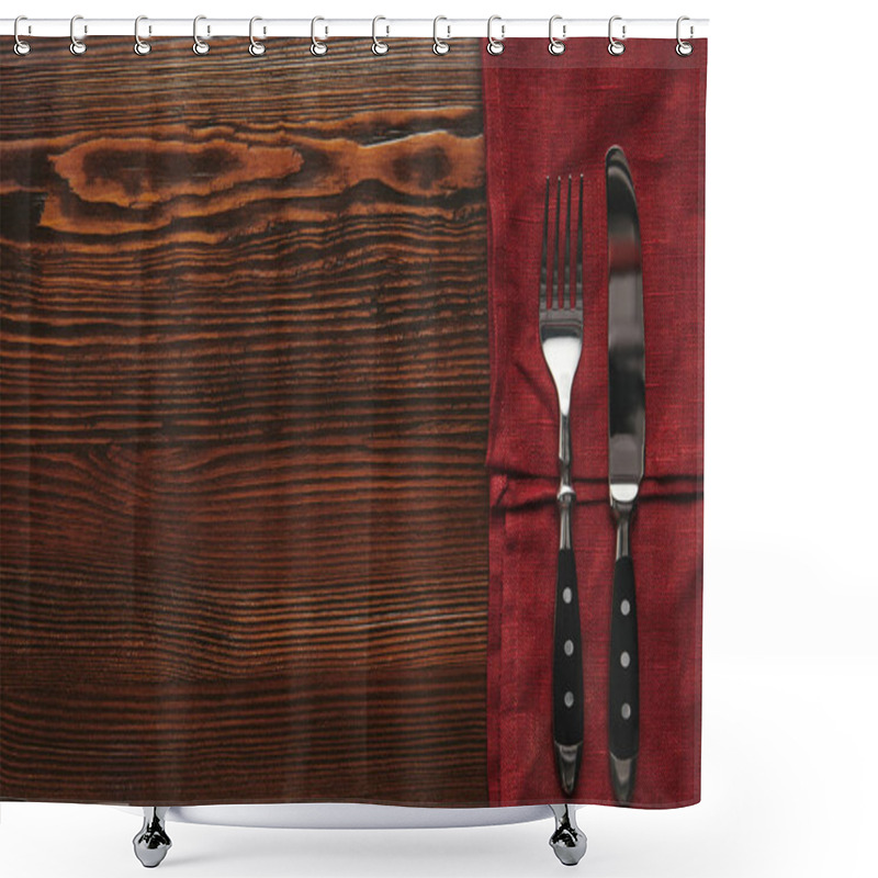 Personality  Top View Of Fork And Knife On Dark Red Tablecloth On Wooden Table Shower Curtains