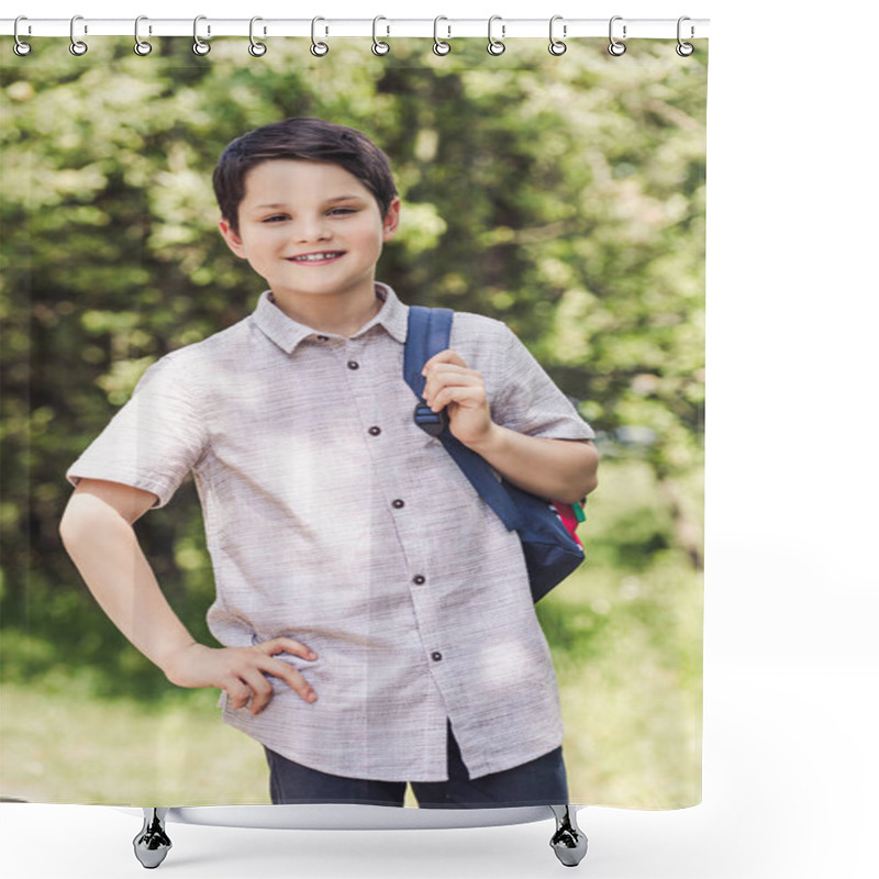 Personality  Happy Schoolboy With Backpack Looking At Camera Outdoors Shower Curtains