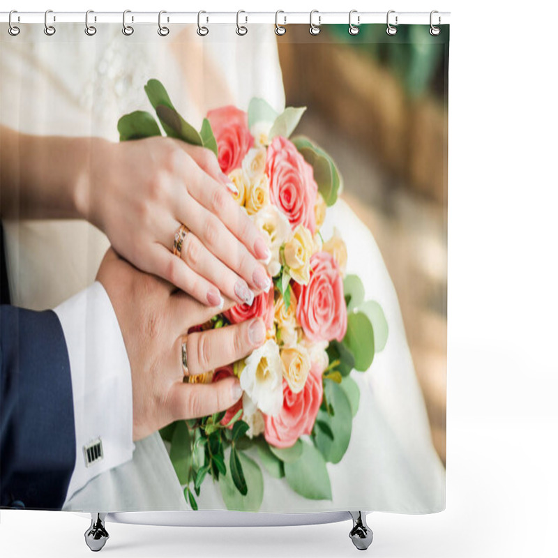 Personality  Hands Of Bride And Groom With Rings On Wedding Bouquet. Marriage Concept. Shower Curtains