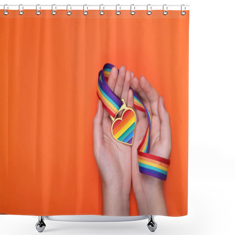 Personality  Woman Holding Rainbow Ribbon With Heart Shaped Pendant On Orange Background, Top View And Space For Text. LGBT Pride Shower Curtains