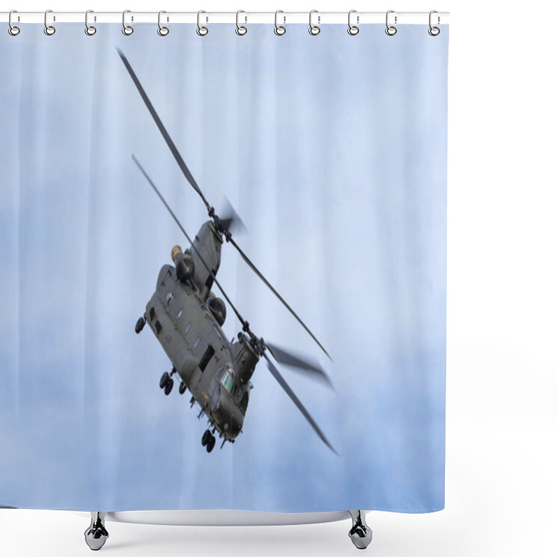 Personality  RAF Waddington, Lincolnshire, UK - July 5, 2014: Royal Air Force (RAF) Boeing Chinook HC.2 Twin Engined Heavy Lift Military Helicopter ZH777. Shower Curtains