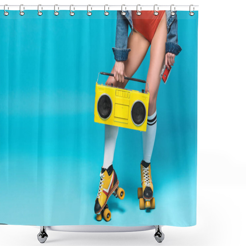 Personality  Cropped View Of Woman In Swimsuit And Roller Skates Holding Boombox And Cassette Tape On Blue Shower Curtains