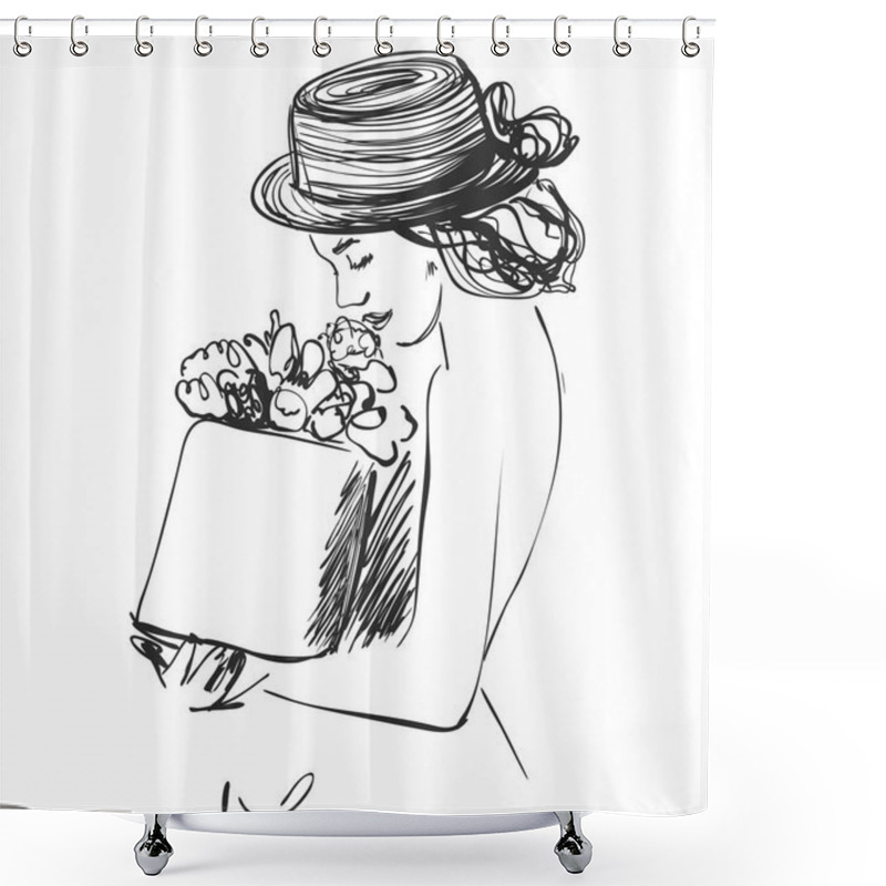 Personality  Beautiful Women In The Hat With Gift. Fashion Model Sketch Shower Curtains