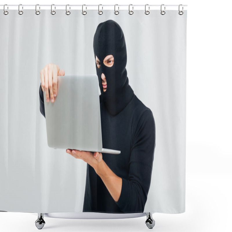 Personality  Criminal Young Man In Balaclava Standing And Using Laptop Shower Curtains