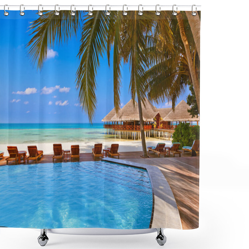 Personality  Pool And Cafe On Maldives Beach Shower Curtains