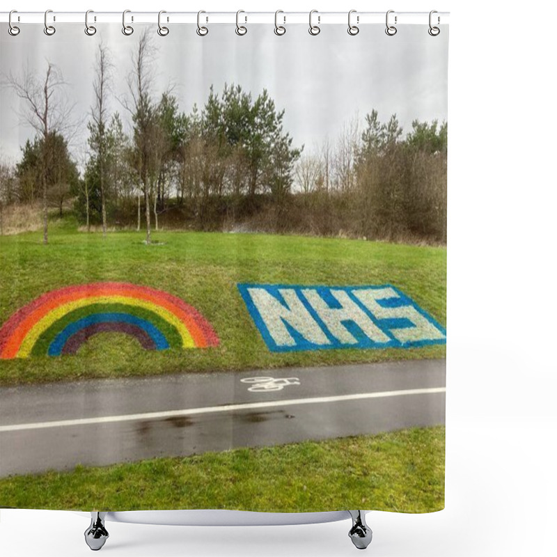 Personality  NHS Logo With Rainbow Painted On Grass Bank.Derby, England, UK. February 20, 2021.  Shower Curtains