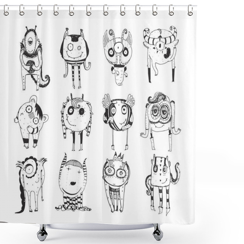 Personality  Cute Monochrome Collection With Hand Drawn Doodle Monsters, Isolated On White Background. Lovely Characters Staying And Watching. Black And White Vector Childish Illustration. Shower Curtains