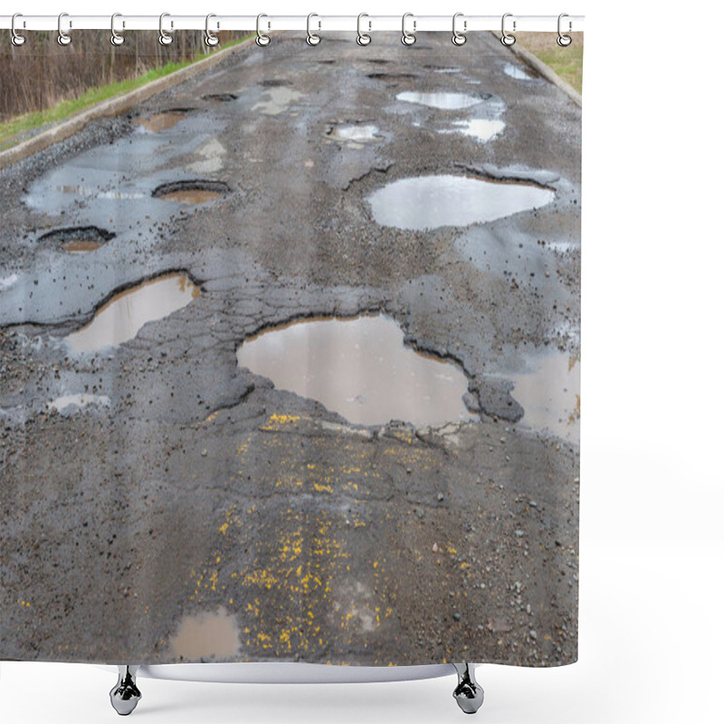 Personality  A Paved Road Filled With Many Large Potholes, The Potholes Are Filled With Water. Shower Curtains