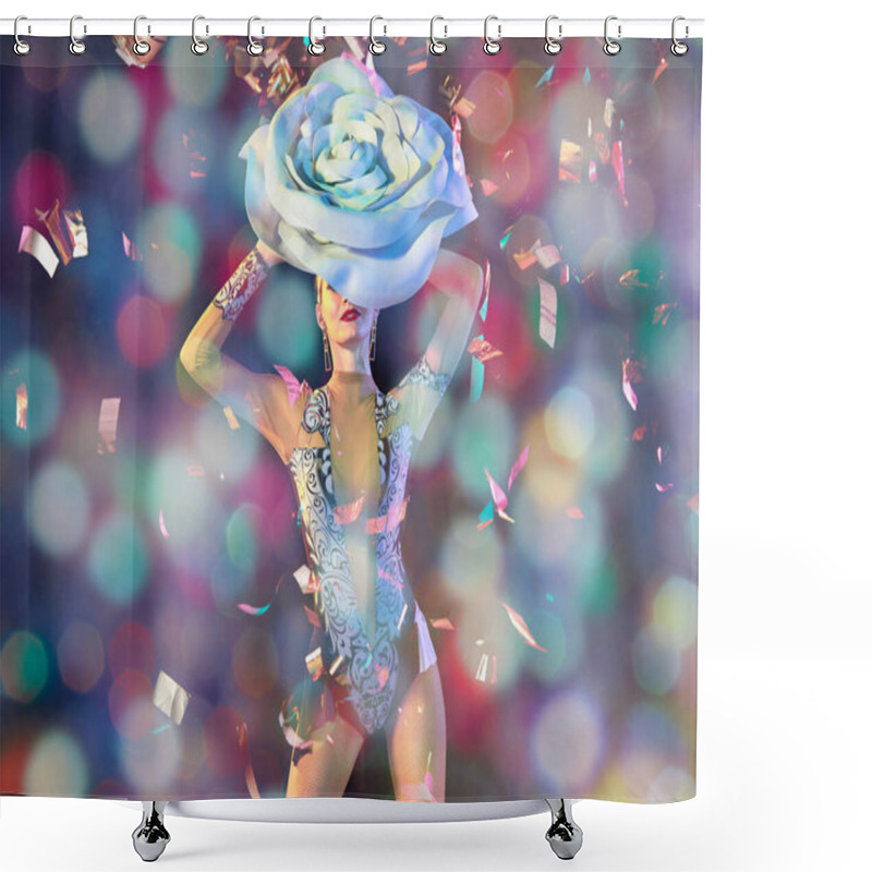 Personality  Young Female Dancer With Huge Floral Hat In Neon Light On Gradient Background In Flying Confetti Shower Curtains